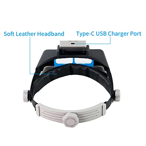 Beileshi Rechargeable Head-Mounted Magnifier with LED Light, Headband Double Lens Illuminated Reading Magnifier Loupe Jewe...