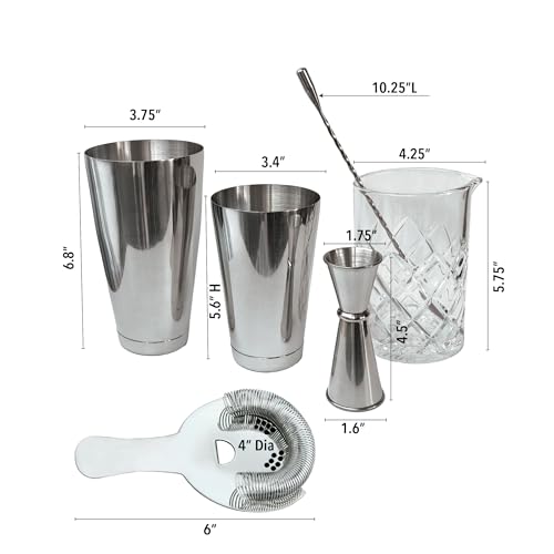 Lily's Home 6-Piece Boston Cocktail Shaker Set: Boston Shaker Cocktail Set,Mixing Glass, Mixing Spoon,Dual Sided Jigger an...