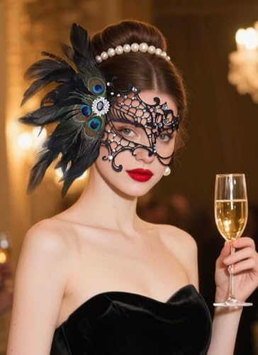 Zinniday Halloween Masquerade Masks for Women - 2026 Peacock Feather Lace Mask 1920s Venetian Eyemask for Party