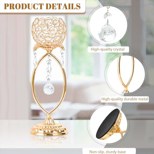 kehail 2 Pcs Gold Elegant Metal Crystal Tea Light Candle Holders with Bling Crystal Pendants, Hollow Design - Wedding Tabl...