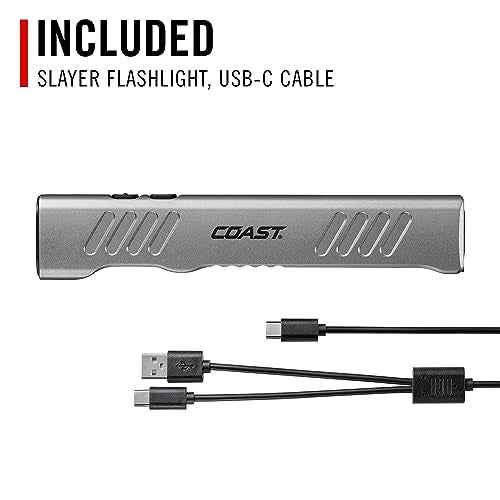 Coast Slayer 1150 Lumen USB-C Rechargeable LED Flashlight with Spot/Flood, Memory Mode and Pocket Clip, Silver