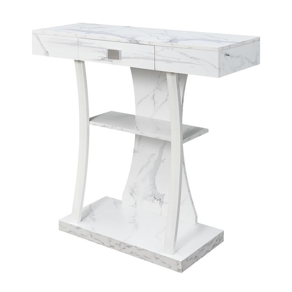 Convenience Concepts Newport Harri Console Table 36" - Modern Sofa Table with Storage Shelves, One Drawer Narrow Entryway Hall Table for Living Room, White Faux Marble/White