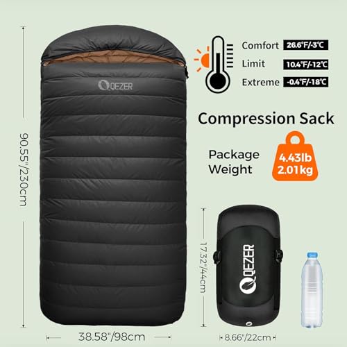 QEZER XL Sleeping Bag-600 Fill Power Down Sleeping Bag for Adults, Ultralight Ideal for Backpacking, Camping, Hiking