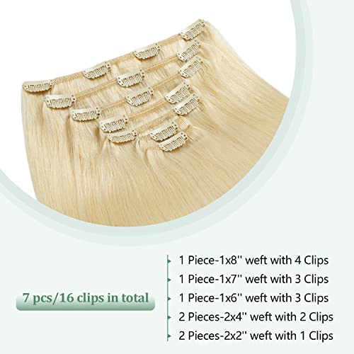 Hair Extensions Clip in Real Human Hair 14 inch Bleach Blonde Clip in Hair Extensions 105g Straight Thick Double Weft Natural Human Hair Extensions for Women (14inch,7pcs, 105g)