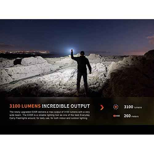 Fenix E35R EDC Flashlight, 3100 Lumens USB-C Rechargeable High Lumen Performance Flashlight with LumenTac Organizer (Black)