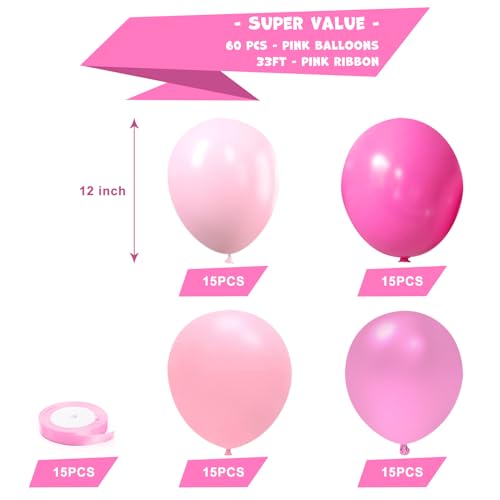 KBZVNAF Pink Latex Balloon Set - 60 Packs 12 Inches Metallic Chrome, Pastel, Hot Pink Balloons for Birthday Wedding Baby S...