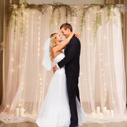 Pink Tulle Backdrop Curtain with String Lights, 2 Panels 5×8FT Sheer Wrinkle-Free Pink Backdrop Drapes for Wedding, Bridal...