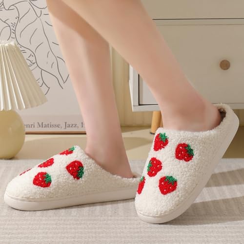 Women Home Slippers Cute Pattern Strawberry Slippers Indoor Outdoor Plaid Shoes Warm Soft Bedroom Shoes Fuzzy Closed Toe S...