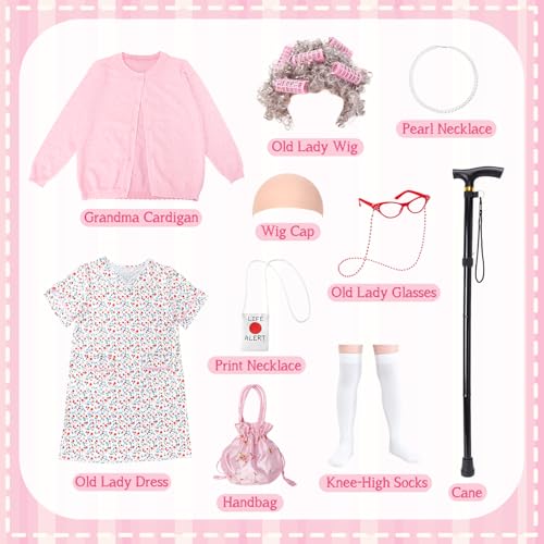 Boutrele 11 Pcs Old Lady Costume for Kids,100 Days of School Costume Girls,Granny Grandma Costumes Kids Accessories