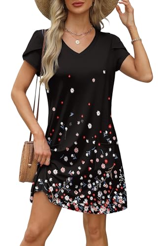 OFEEFAN Womens Summer Dresses 2025 Tulip Petal Short Sleeve V Neck Loose Swing Sundresses with Pockets Plain/Print