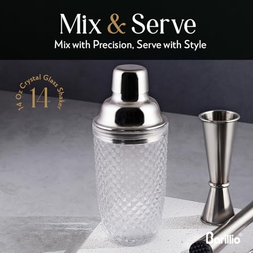 Barillio 14 oz Glass Cocktail Shaker | Cobbler Mixer with Built-In Strainer, Leak-Proof Clear Martini Shaker for Single-Se...