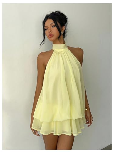 Verdusa Women's Chiffon Halter Drop Waist Wedding Guest Dresses Ruffle Summer Mini Dress Brunch Outfits