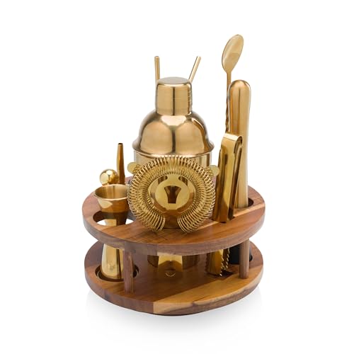 PICNIC TIME Carousel 13-Piece Bar Tool Set, Cocktail Shaker Set, Mixology Bartender Kit with Lazy Susan Stand, (Acacia Woo...