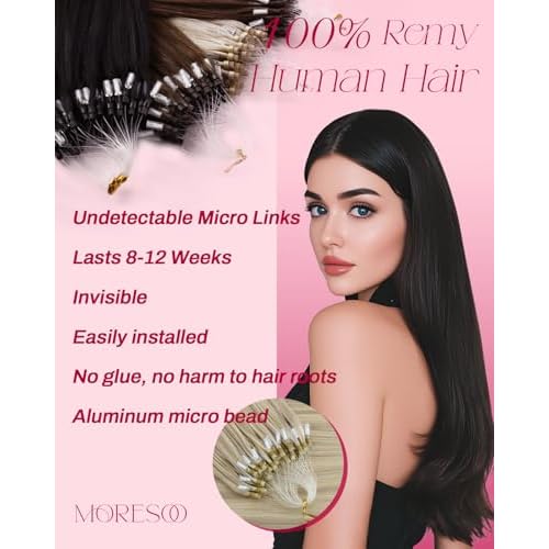 Moresoo Micro Beads Hair Extensions Real Human Hair Highlight Ash Blonde with Bleach Blonde Microlink Hair Extensions Long Straight 50G/50S 24 Inch