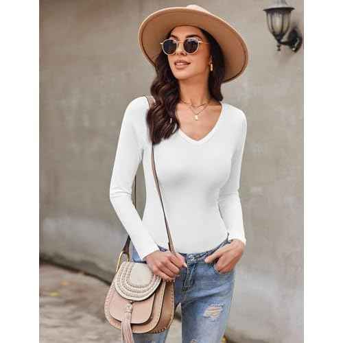 Ekouaer Womens 3 Pack Long Sleeve Shirts V Neck Slim Fit Lightweight Layer Tops 2024 Fall Clothes Thermal Undershirts