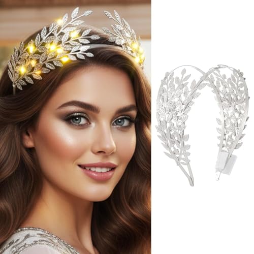 DRESBE Light Up Leaf Headband LED Greek Goddess Headbands Glow Roman Toga Hair Accessories for Women (Silver)