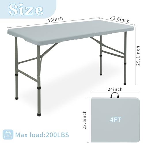 Folding Table 4FT Camping Table Portable Heavy Duty Plastic Rectangular Outdoor Dining Table Steel Legs Fold-in-Half with ...