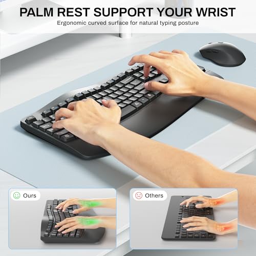Wireless Keyboard and Mouse Combo,2.4G Full Size Wave Keys Ergonomic Keyboard with Wrist Rest for Natural Typing, 3 DPI Ad...