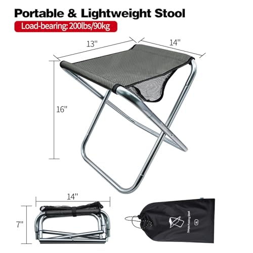 16in Tall Camping Stool, Folding Stool with Carry Bag, Aluminum Alloy Bracket, 1.5lbs Lightweight, Load Capacity to 200lb...