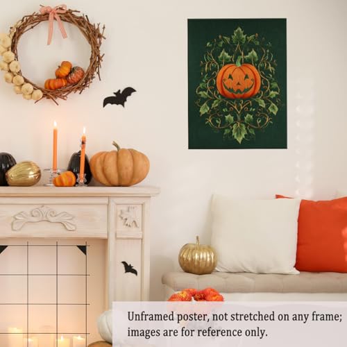 Embroidered Pumpkin Wall Art – Halloween Jack-o'-Lantern with Vines on Green Fabric Texture, Gothic Vintage Textile Style Canvas Print for Living Room-16x20Inch Ready to Hang(Unframed)