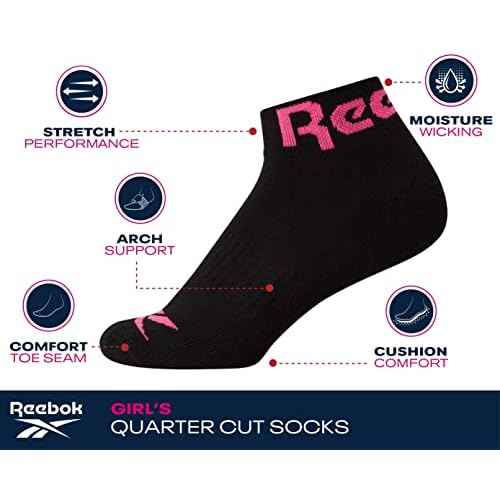 Reebok Girls' Quarter Socks - 6 Pack Moisture-Wicking Low Cut Athletic Ankle Socks for Girls (Sizes: S-L)