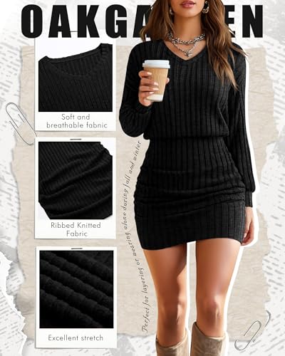 Oakgarden Women's Pullover Sweater Dress Long Lantern Sleeve Ribbed Knit V Neck Ruched Bodycon Mini Dress 2025 Fashion