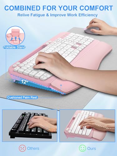 Wireless Keyboard and Mouse Combo, Wave Keys Computer Ergonomic Keyboard with Cushioned Plam Rest, Phone Holder, 2.4GHz Si...