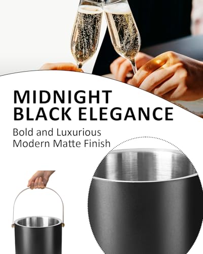 Bakpoco 3L Ice Bucket with Silicone Lid, Scoop, Gold Tongs & Strainer, Stainless Steel Double Wall Insulated Ice Buckets f...