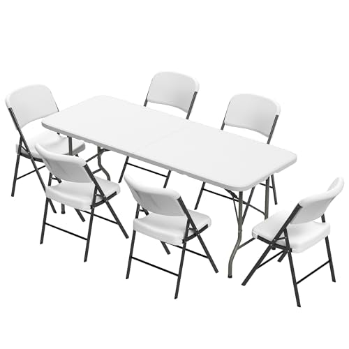 Elevon Folding Table Set with 6 White Folding Chairs,6 Feet Heavy Duty Fold-in-Half Utility Table Sets for Picnic, Event, ...