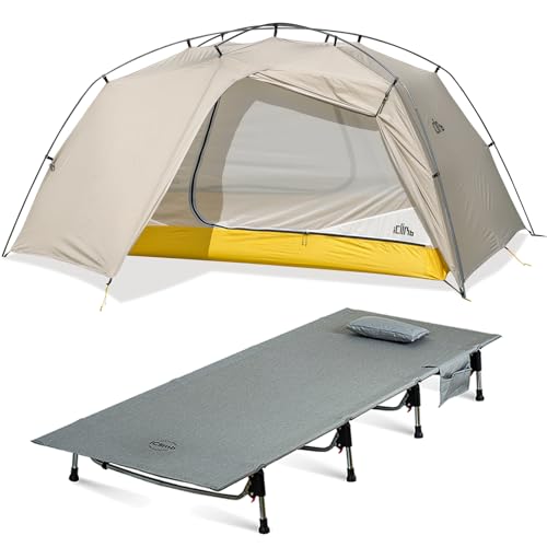 iClimb 1 Ultralight 4 Season Solo Tent and 1 Super Easy Assemble Cot Bundle, Ultralight Compact for Adults Outdoor Camping...