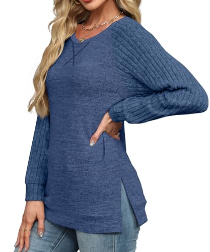 JomeDesign Long Sleeve Shirts for Women Crew Neck Sweatshirts Lightweight Sweaters Side Split Loose Casual Blouses