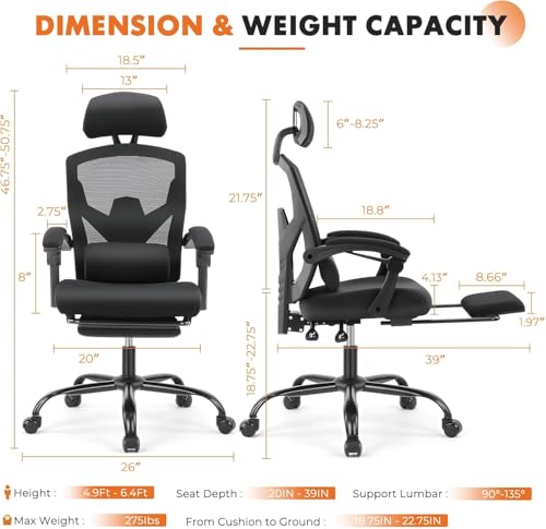 Sweetcrispy Office Computer Desk Chair, Ergonomic High-Back Mesh Rolling Work Swivel Chairs with Wheels, Comfortable Lumba...