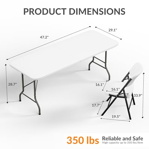 Elevon Folding Table Set with 6 White Folding Chairs,6 Feet Heavy Duty Fold-in-Half Utility Table Sets for Picnic, Event, ...