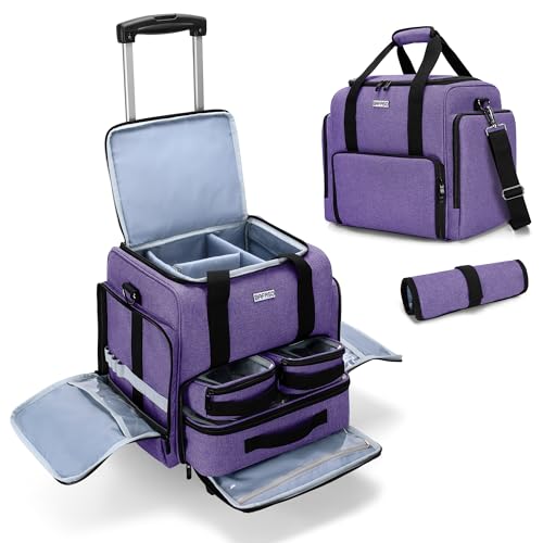 BAFASO Rolling Makeup Case with 3 Removable Pouches and 1 Makeup Brush Bag, Professional Makeup Train Case Cosmetic Bag with Detachable Dolly (Patented), Purple