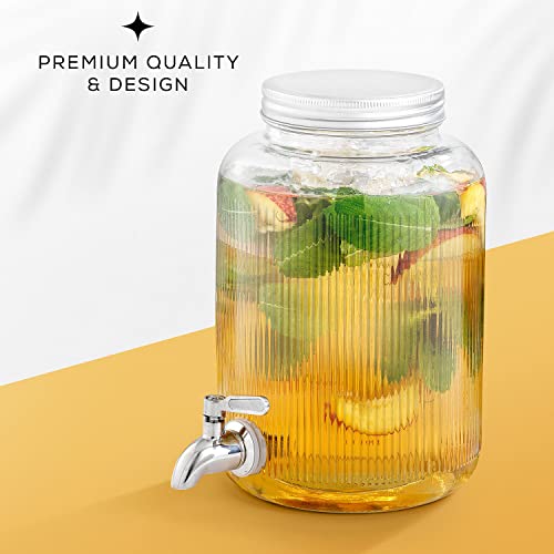 Fluted 1-Gallon Drink Dispenser. Glass Beverage Dispenser with Stainless steel Spigot plus Ice Cylinder and Fruit Infuser!...