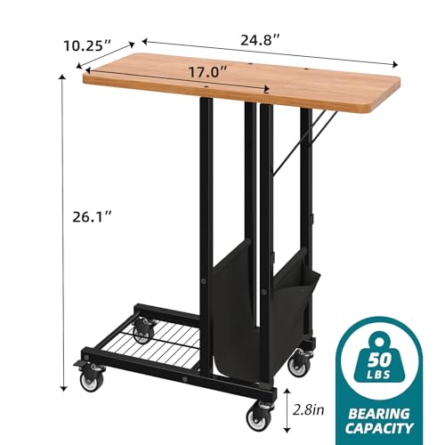 Simple Trending C Shaped End Table, Folding TV Tray Couch Side Table for Sofa on Wheels, Black