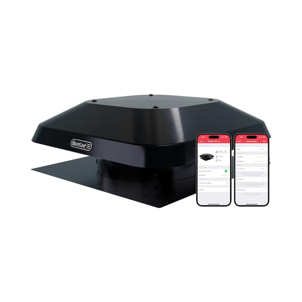 Quietcool AFR SMT PRO-2.0 Roof Mount Smart Attic Fan - 1922 CFM - Smart App Control - Thermostat and Humidistat - 20ft Power Cord - Plug-and-play - Two Speed