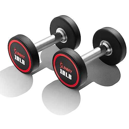 Sunny Health & Fitness Premium Polyurethane Commercial Grade Round Dumbbells with Diamond Knurled Handle, Durable Strength Training Equipment for Home Gym, 5-50LB