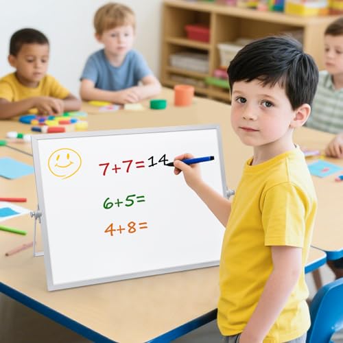 Dry Erase Magnetic White Board, 16" x 12",Double-Sided Desktop Whiteboard with Stand, Portable Magnetic Tabletop Erase Boa...
