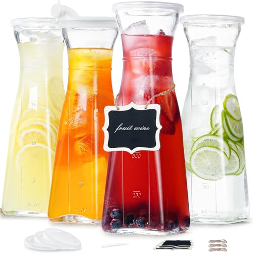 Ritayedet Glass Carafe, 1 Liter Carafe for Mimosa Bar, 4 Pcs, Square Pitcher with Lid and Spout, Drink Dispenser for Parti...