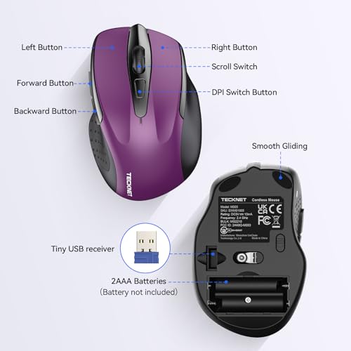 TECKNET Wireless Mouse, 2.4G Ergonomic Optical Mouse, Computer Mouse for Laptop, PC, Computer, Chromebook, Notebook, 6 But...