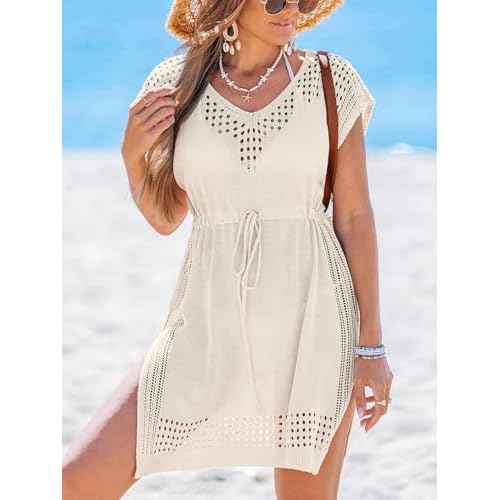 CUPSHE Women Crochet Swim Coverups Short Sleeve Drawstring Beach Coverups Dress