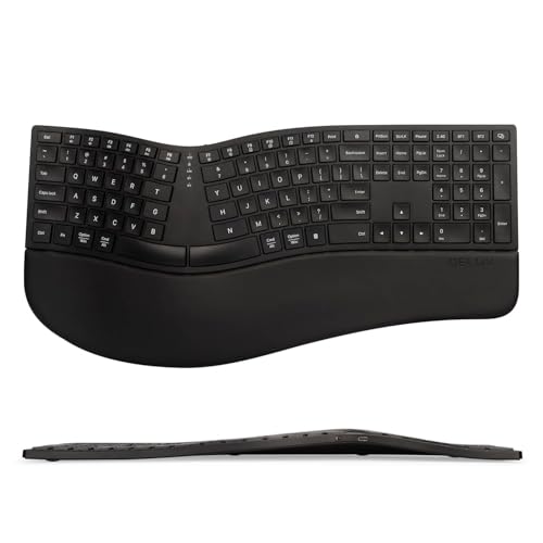 DELUX Full Size Wireless Ergonomic Keyboard,Cushioned Palm Rest, Ultra-Thin Split Ergo Keyboard, Bluetooth & 2.4G Connecti...