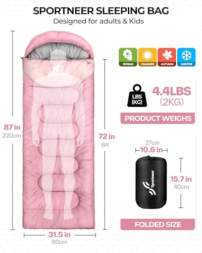 Sportneer Sleeping Bag for Adults & Kids, Cold Weather 3–4 Season Camping Sleeping Bags with 32–65℉ or 50–80℉ Temperature ...