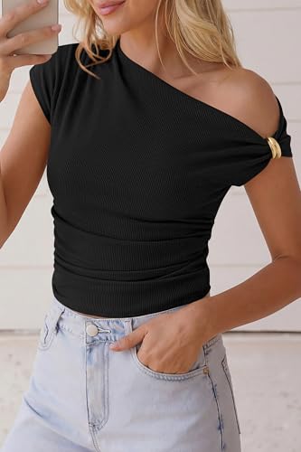 PRETTYGARDEN Womens Summer Off The Shoulder Crop Tops Ribbed Going Out Fitting T Shirts Trendy Spring Y2k Clothes 2026