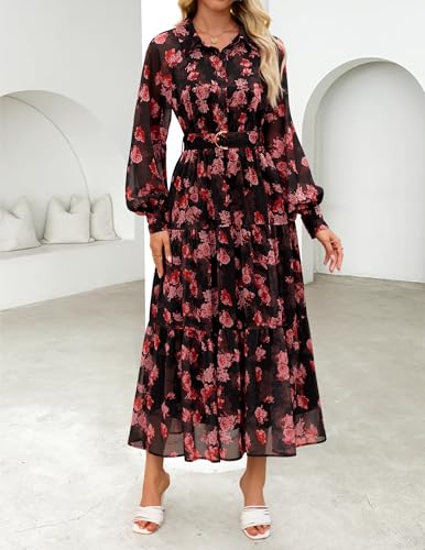 ZESICA Women's Spring Floral Long Sleeve Maxi Dresses 2026 Casual Button Belted Chiffon Boho Wedding Guest Party Dress