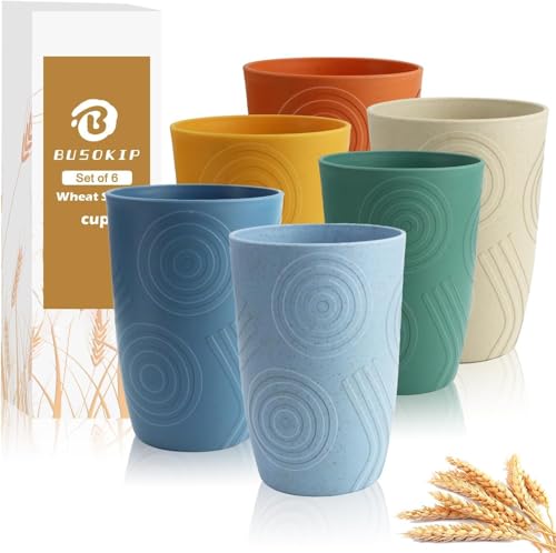 BUSOKIP Wheat Straw Cups 16 OZ, Plastic Drinking Glasses, Drinking Cup, Unbreakable Kitchen Cups Sets of 6, Microwave & Di...