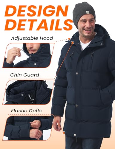 LZACTOIN-X Men's Long Winter Coat Thicken Insulated Waterproof Puffer Jacket Two-Way Zipper Hooded Windbreaker Parka