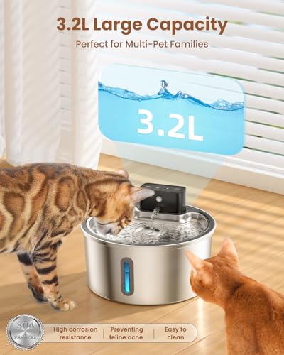 PawPoll Wireless Cat Water Fountain Stainless Steel - 3.2L/108oz Cordless Pet Water Fountain Battery Operated Cat Water Di...