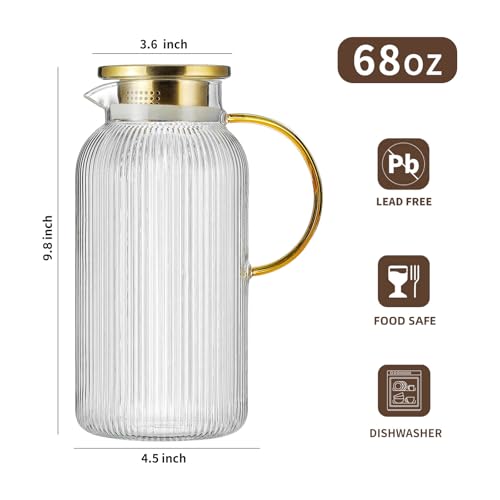 Buaic 2 PACK Glass Pitcher with Lid, 68 oz/ 2 Liter Classic Vertical Stripes Water Pitcher with Yellow Handle,Glass Water ...
